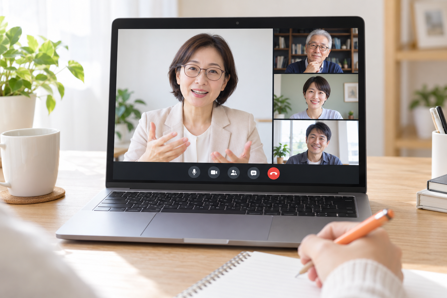 別々の場所から講師1名と受講者3名が参加する少人数オンライン講座のイメージ
