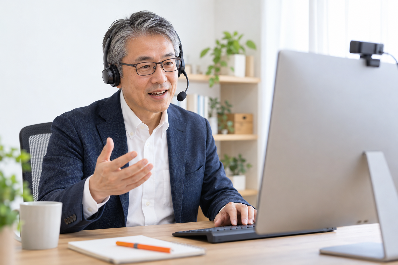 ヘッドセットとモニターを使い、オンラインで説明する講師のイメージ