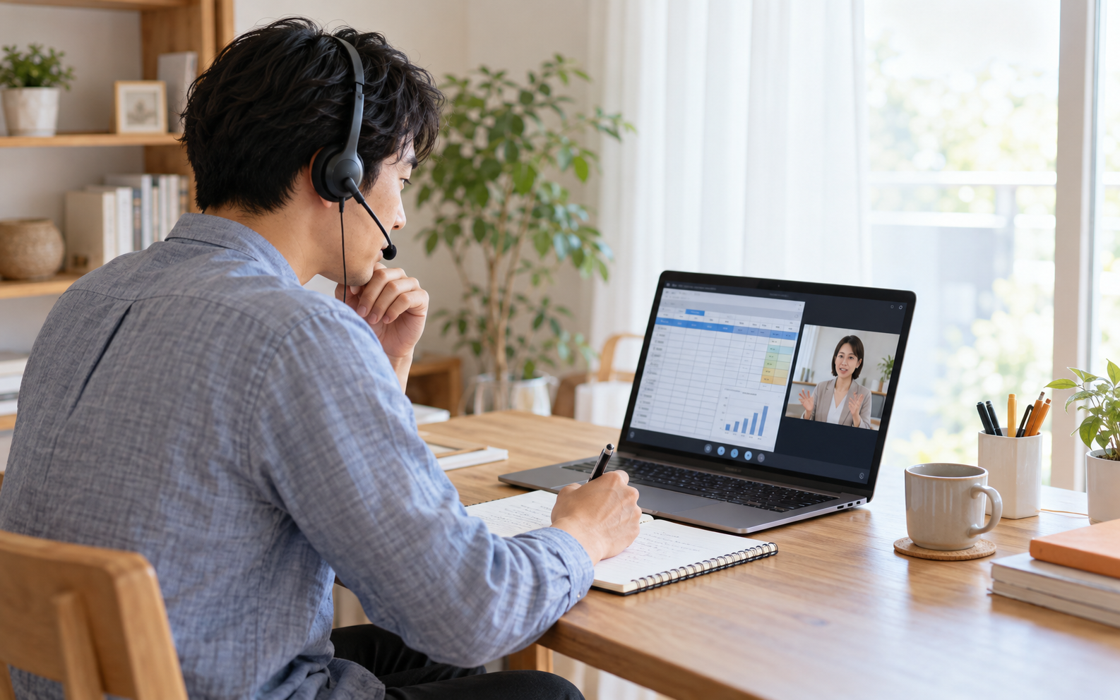 自宅でヘッドセットを使ってオンライン研修を受ける社員のイメージ