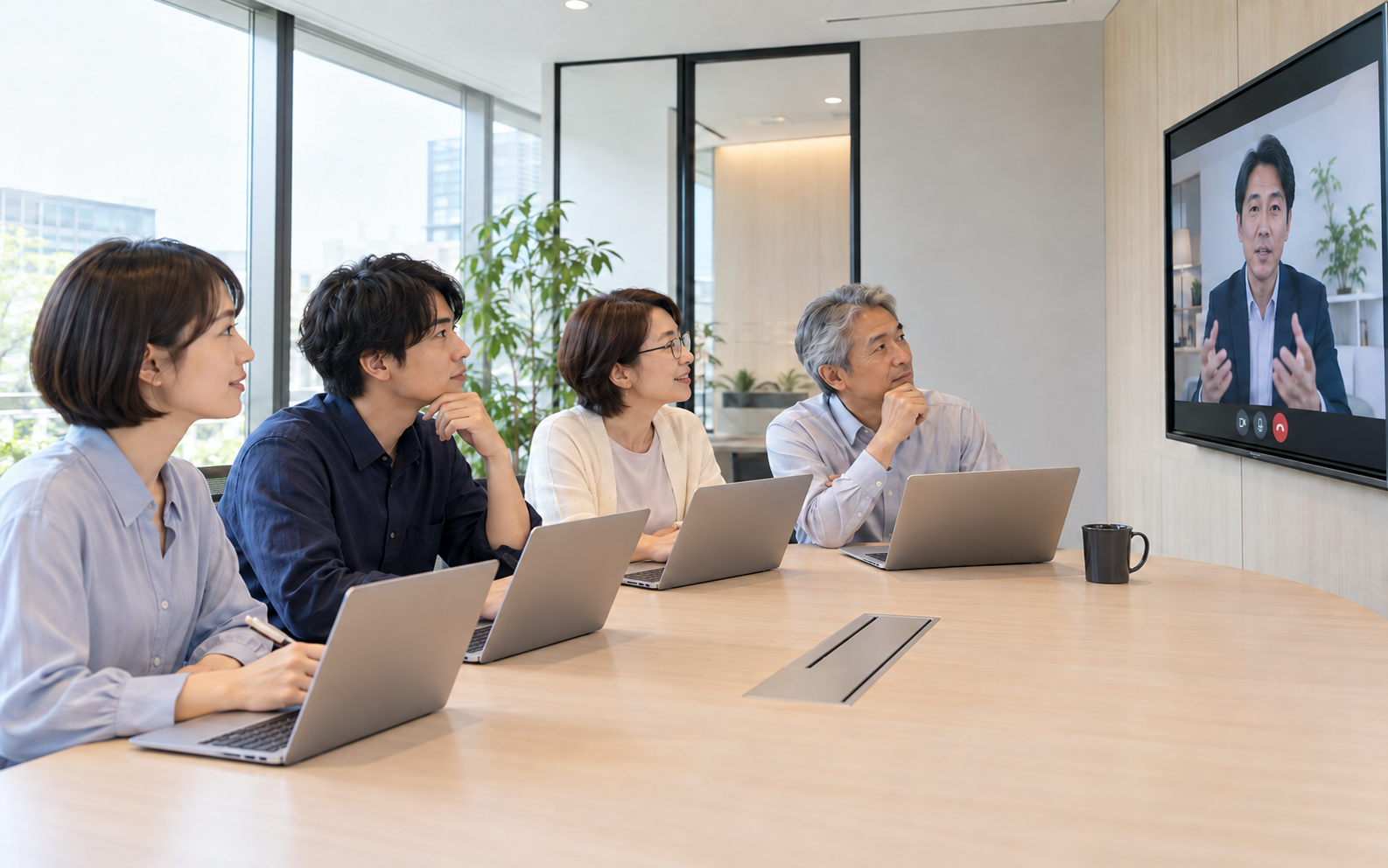 会議室の社員4名がそれぞれノートPCを使い、大型画面の遠隔講師から学ぶオンライン研修のイメージ