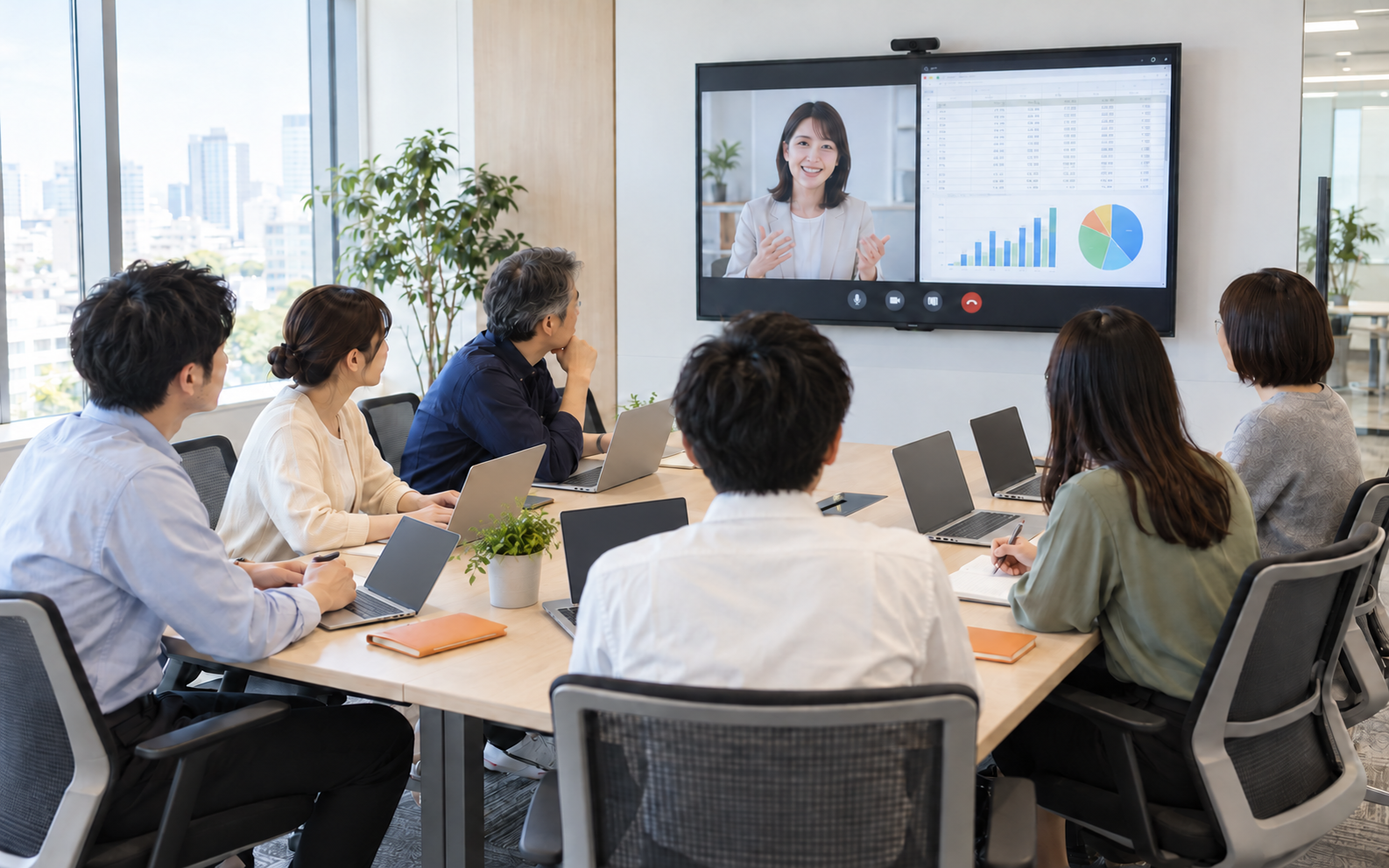 会議室の社員6名がそれぞれノートPCを使い、大型画面の遠隔講師と共有資料から学ぶZoomライブ研修のイメージ