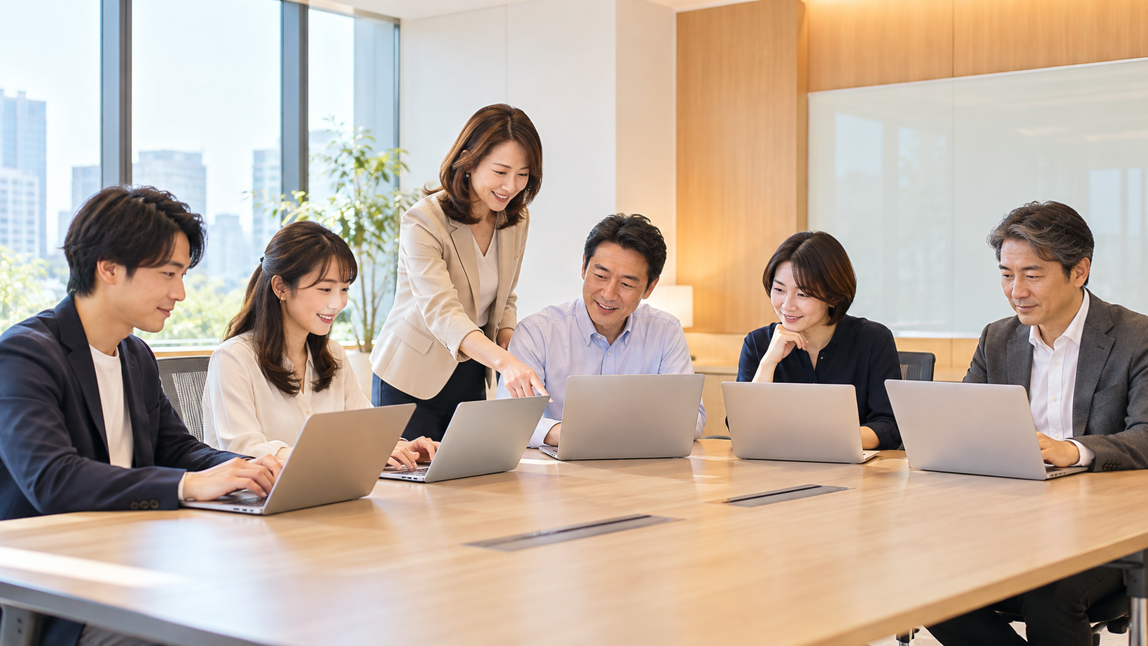 講師が企業の会議室で社員5名に対面でPC操作を教える講師派遣研修のイメージ
