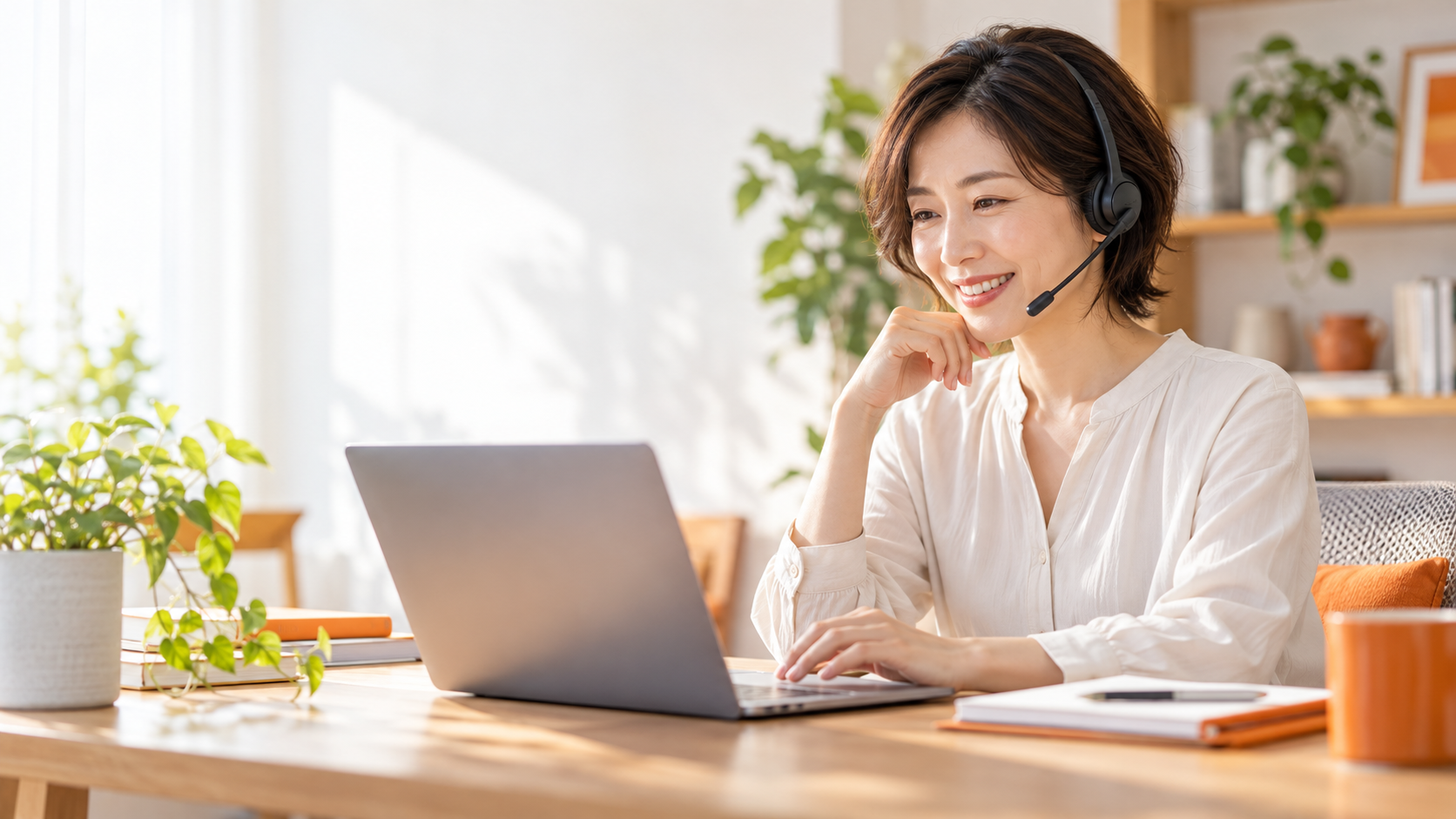 ヘッドセットを着けてノートPCでオンライン講座を受講する女性