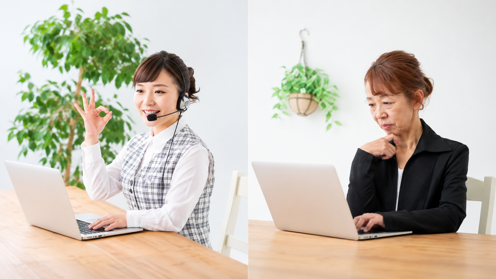 ヘッドセットを着けた講師と、自宅でノートPCを使ってオンライン講座を受ける受講者