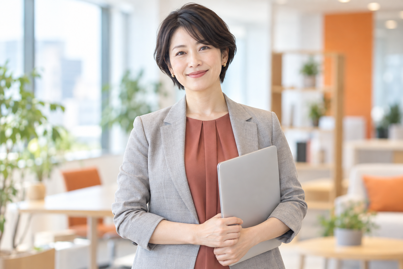 閉じた薄型PCを持つビジネス女性のイメージ