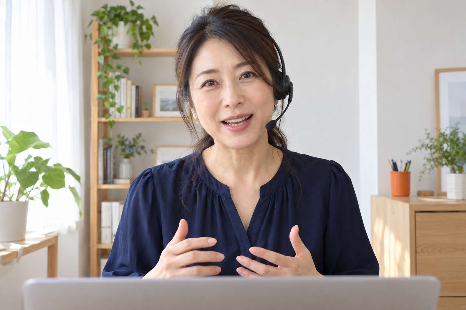 ヘッドセットでオンラインライブ講座を説明する女性講師のイメージ